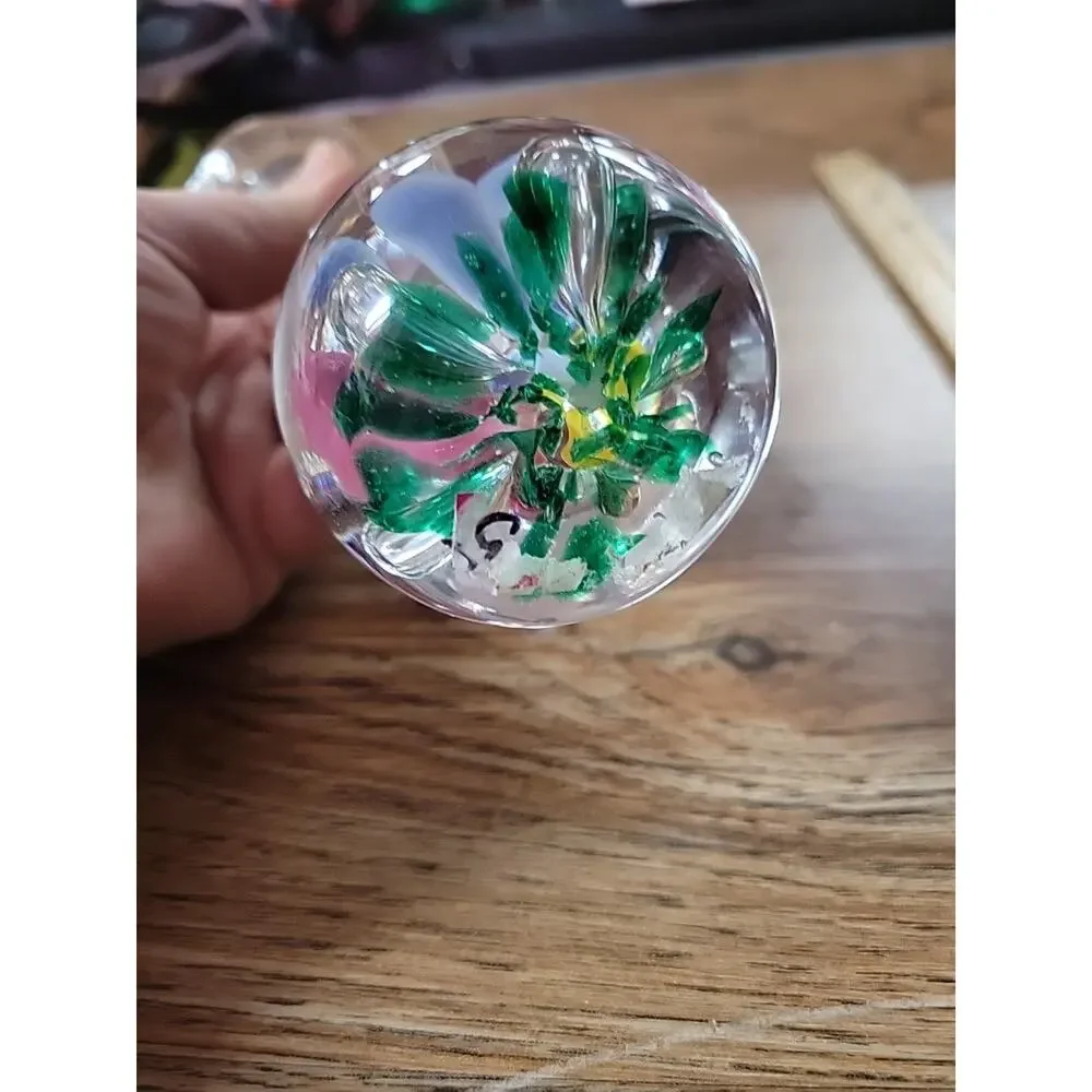 Vintage Retro Blue Yellow Glass Pink Trumpet Floral Paperweight Vase
